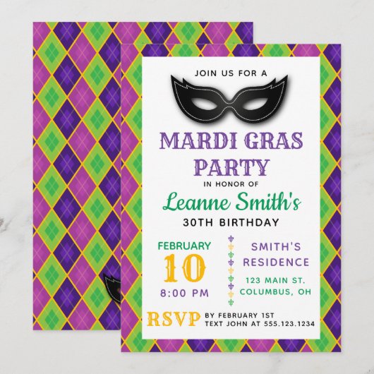 Invitation pour la fête d'Argyle Mardi Gras (Devant / Derrière)