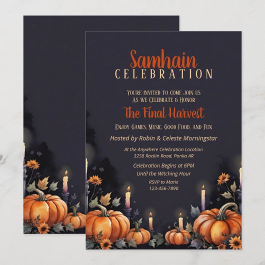 Invitation pour la fête de Samhain avec citrouille (Devant / Derrière)