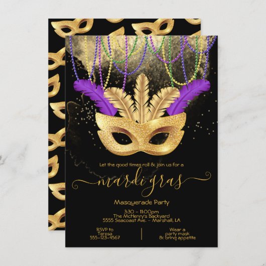 Invitation pour la fête masquée de Mardi Gras en o (Devant / Derrière)
