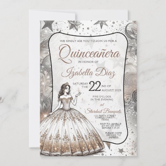Invitation pour la fille d'or de Quinceañera (Devant)
