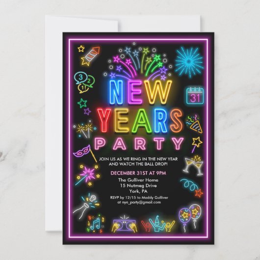 Invitation pour la soirée du Nouvel An Neon (Devant)