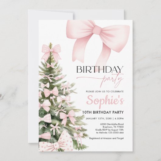 Invitation pour l'anniversaire de Bow rose d'hiver (Devant)