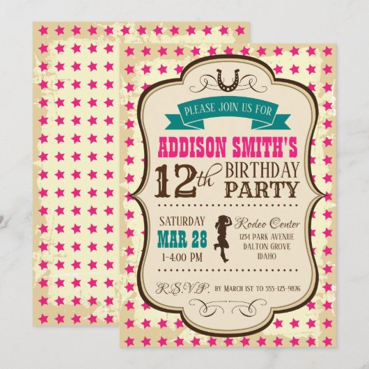 Invitation pour l'anniversaire de la Cowgirl Weste (Devant / Derrière)