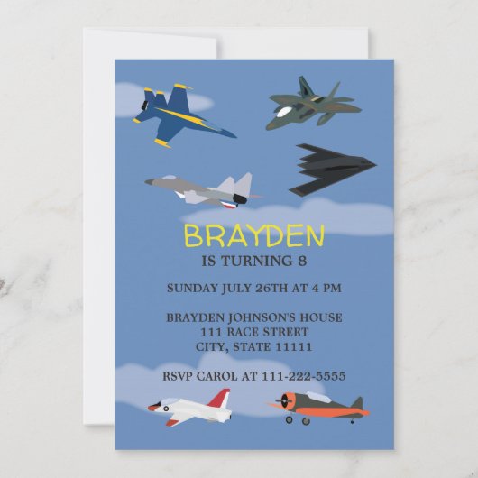 Invitation pour l'anniversaire de l'avion pour enf (Devant)