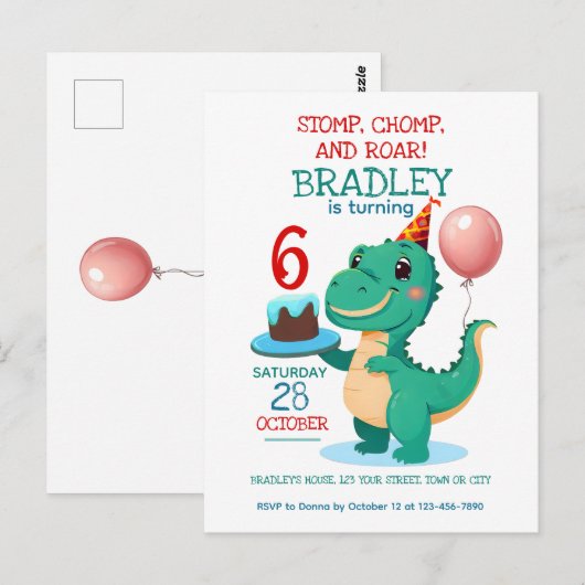 Invitation pour l'anniversaire des 6 ans de T-Rex (Devant / Derrière)