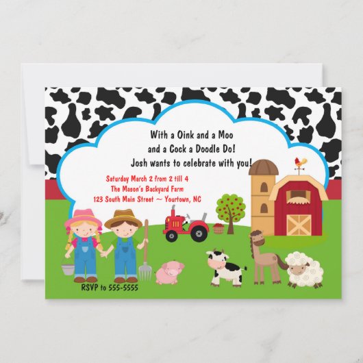 Invitation pour l'anniversaire des animaux de ferm (Devant)