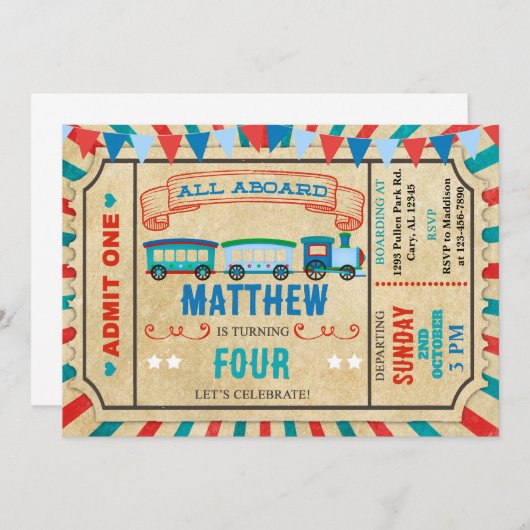 Invitation pour l'anniversaire du billet de train. (Devant / Derrière)