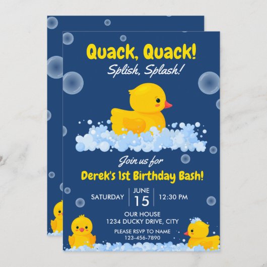 Invitation pour l'anniversaire du canard jaune (Devant / Derrière)