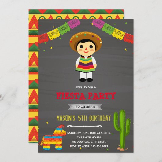 Invitation pour l'anniversaire du garçon mexicain (Devant / Derrière)