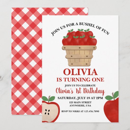 Invitation pour le 1er anniversaire Apple Bushel o (Devant / Derrière)