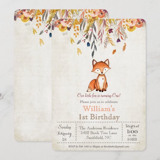 Invitation pour le 1er anniversaire de Little Fox (Devant / Derrière)