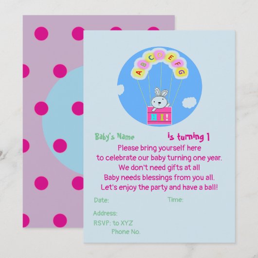 Invitation pour le 1er anniversaire du bébé person (Devant / Derrière)