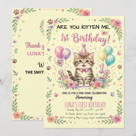 Invitation pour le 1er anniversaire, Kitty Fleur C (Devant / Derrière)