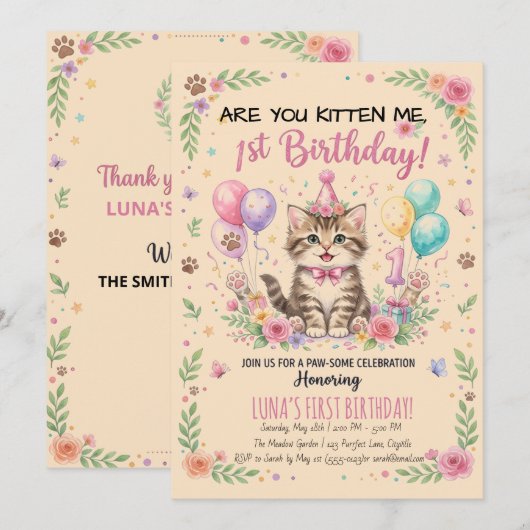 Invitation pour le 1er anniversaire, Kitty Fleur R (Devant / Derrière)