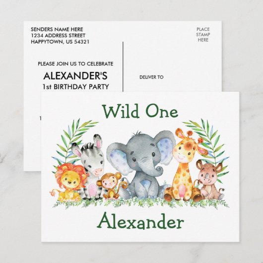 Invitation pour le 1er anniversaire Safari Animals (Devant / Derrière)