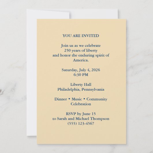 Invitation pour le 250e anniversaire de la liberté (Dos)