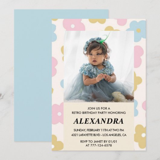 Invitation pour le 2ème anniversaire Rétro Fleurs (Devant / Derrière)