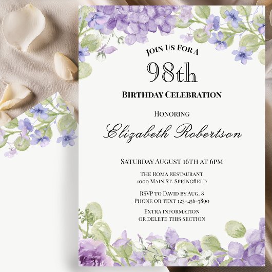 Invitation pour le 98e anniversaire Élégante Fleur