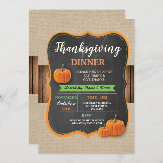 Invitation pour le dîner de Thanksgiving sur bois (Devant / Derrière)