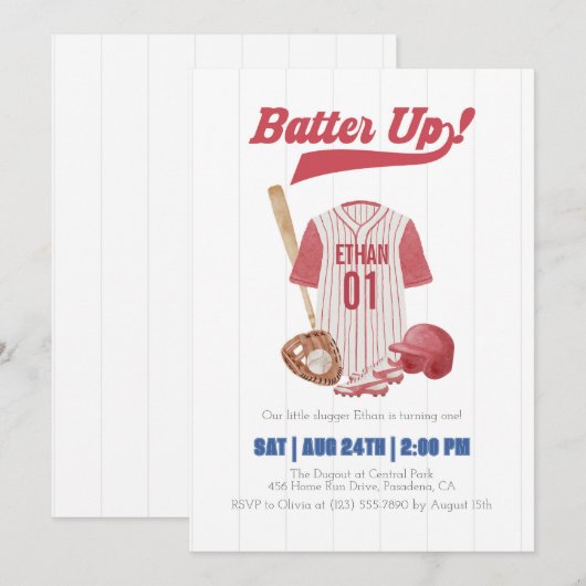 Invitation pour le premier anniversaire de basebal (Devant / Derrière)