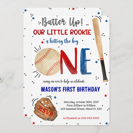Invitation pour le premier anniversaire de basebal (Devant / Derrière)