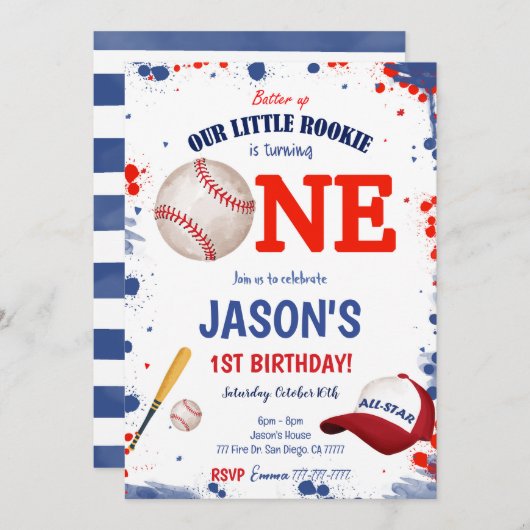 Invitation pour le premier anniversaire de basebal (Devant / Derrière)