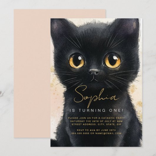 Invitation pour le premier anniversaire de chat no (Devant / Derrière)