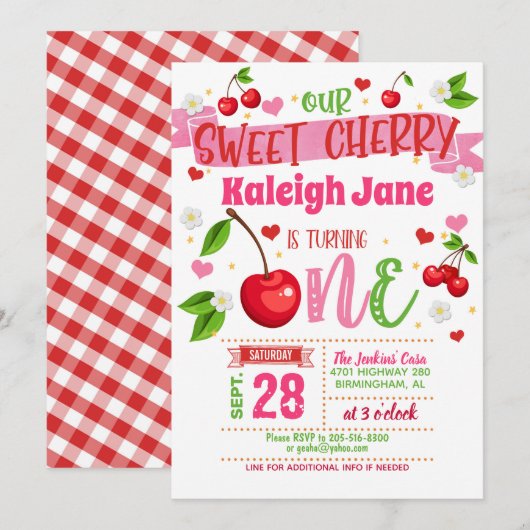Invitation pour le premier anniversaire de Cherry (Devant / Derrière)