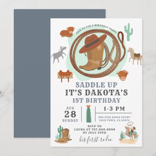 Invitation pour le premier anniversaire de Cowboy (Devant / Derrière)