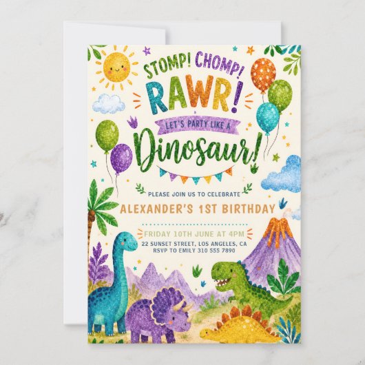 Invitation pour le premier anniversaire de dinosau (Devant)