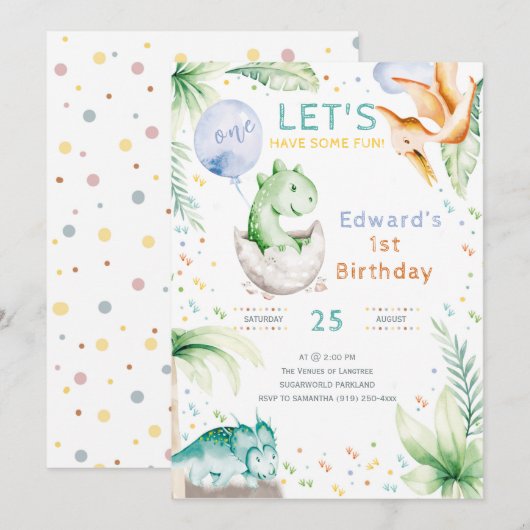 Invitation pour le premier anniversaire de dinosau (Devant / Derrière)