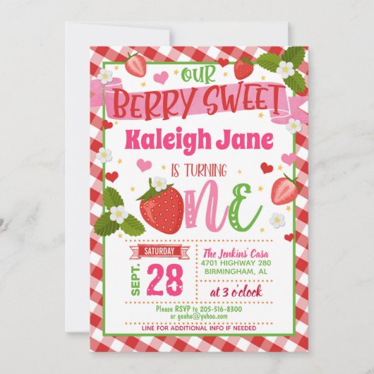 Invitation pour le premier anniversaire de fraise  (Devant)