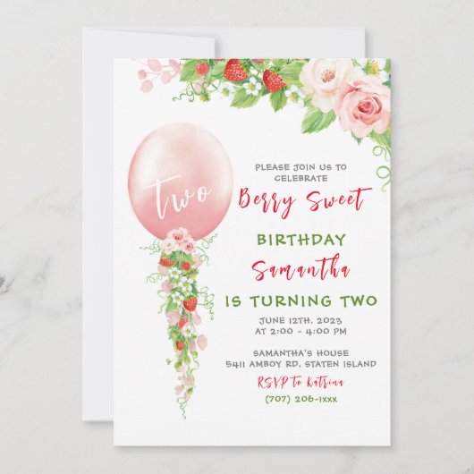 Invitation pour le premier anniversaire de fraise (Devant)