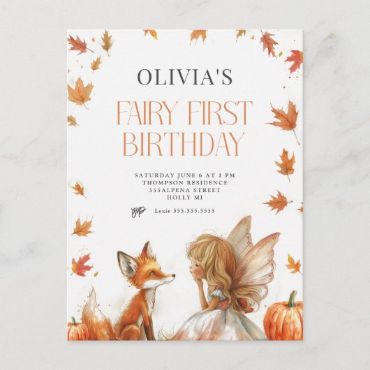 Invitation pour le premier anniversaire de la fée (Devant)