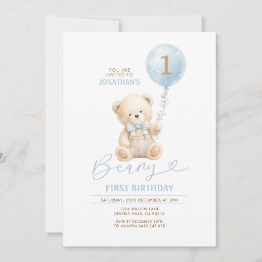 Invitation pour le premier anniversaire de l'ours (Devant)