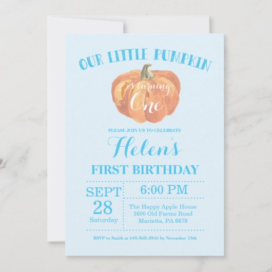 Invitation pour le premier anniversaire de Pumpkin (Devant)