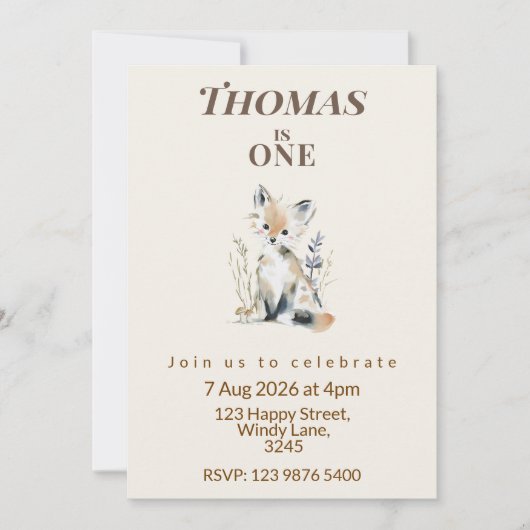 Invitation pour le premier anniversaire de Renard (Devant)