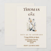Invitation pour le premier anniversaire de Renard (Devant / Derrière)