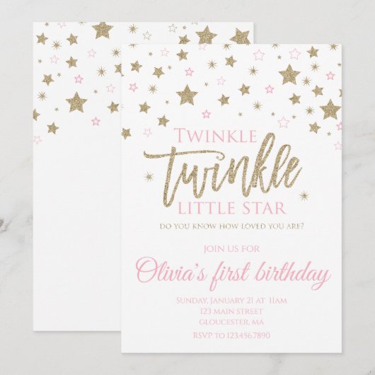 Invitation pour le premier anniversaire de Twinkle (Devant / Derrière)