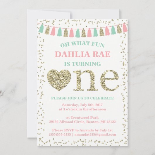Invitation pour le premier anniversaire d'une fill (Devant)