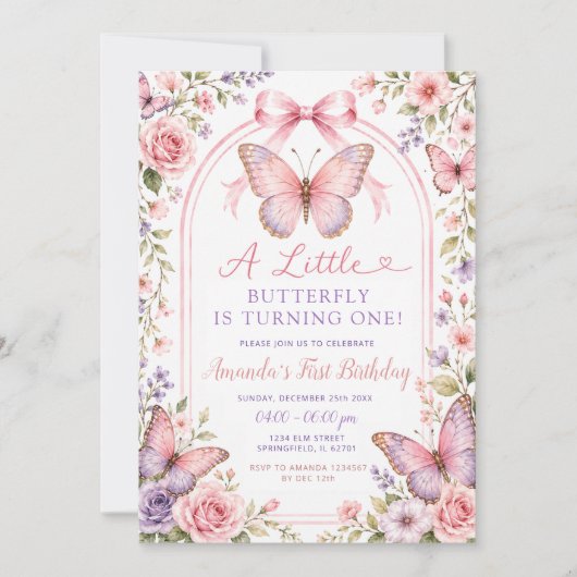 Invitation pour le premier anniversaire Papillon R (Devant)