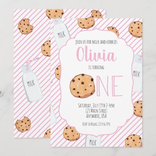 Invitation pour le premier anniversaire rose avec (Devant / Derrière)