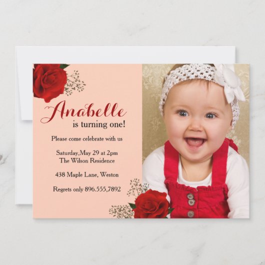 Invitation pour le premier anniversaire Rose Rouge (Devant)