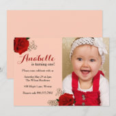 Invitation pour le premier anniversaire Rose Rouge (Devant / Derrière)