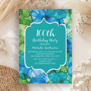 Invitation pour les 100 ans avec aquarelle bleu ve
