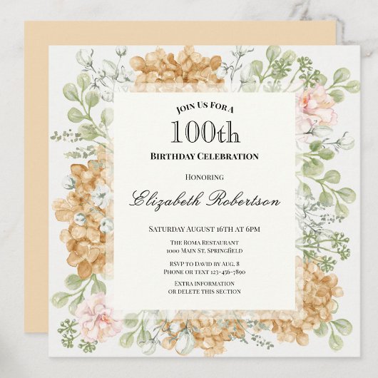 Invitation pour les 100 ans dans des couleurs d'au