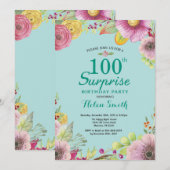 Invitation pour les 100 ans Fleurs Surprise Teal (Devant / Derrière)