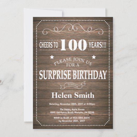 Invitation pour les 100 ans Surprise Rustique (Devant)