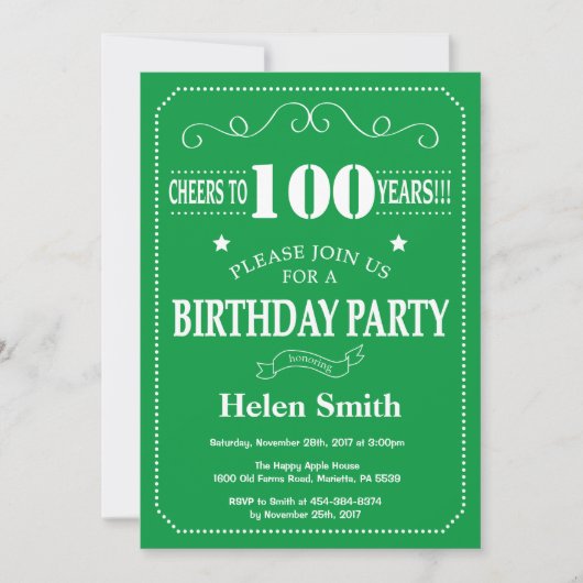 Invitation pour les 100 ans Vert et Blanc (Devant)