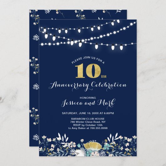Invitation pour les 10 ans de mariage Navy & Or (Devant / Derrière)
